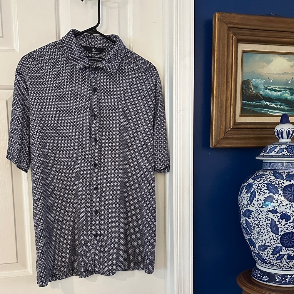 Hart Schaffner Marx Blue & White Geometric Short Sleeve Button Down Shirt Size L